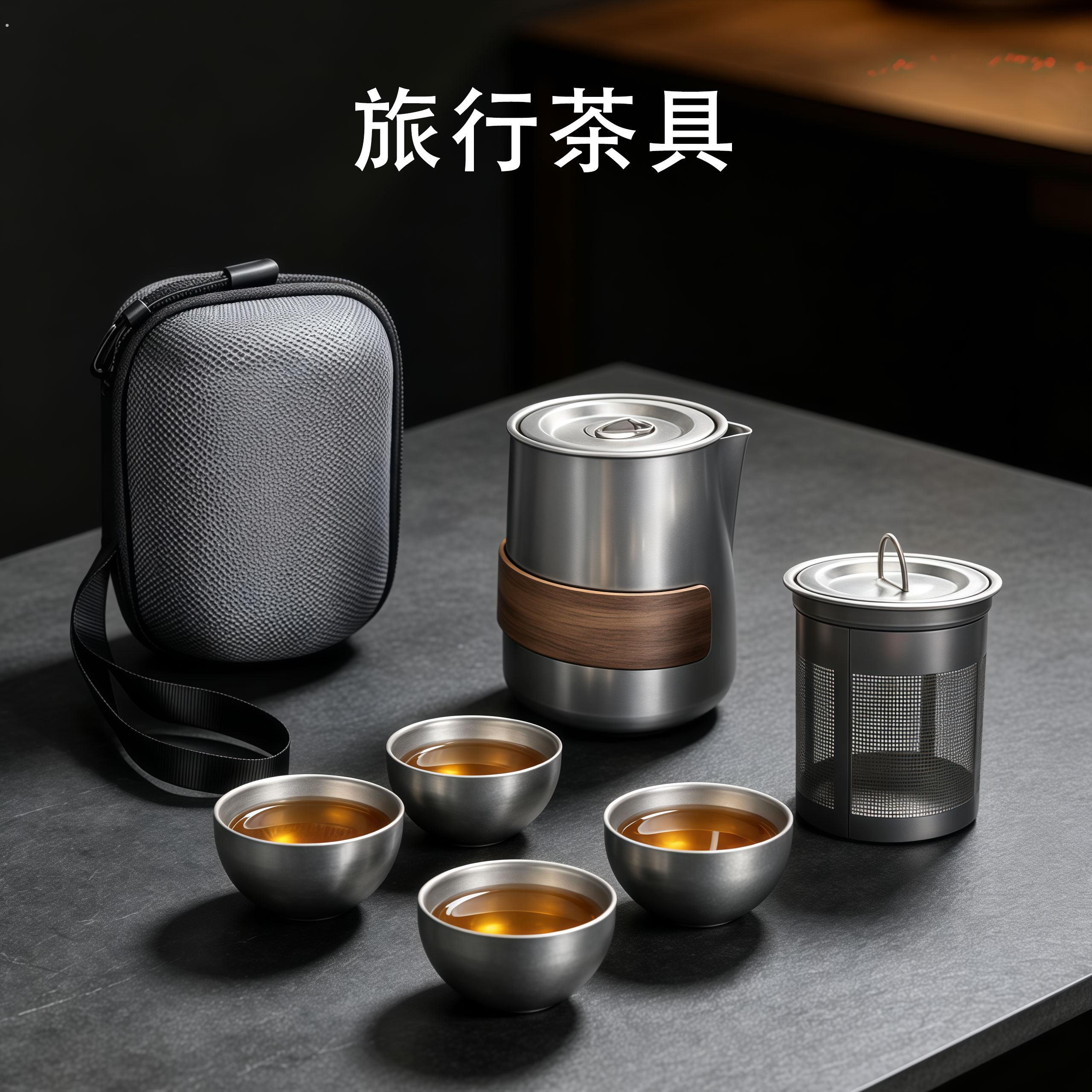 户外烧水壶钛化不锈钢茶具套组泡茶专用露营煮茶壶一体收纳可携式