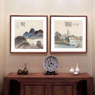 山水画客厅装饰画办公室方形挂画玄关斗方国画齐白石石门二十四景