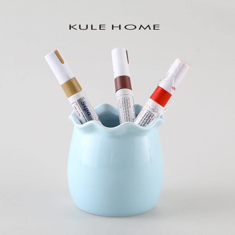 KULE HOME 陶瓷多功能笔筒圆形毛笔筒学生桌面覆古创意文具收纳盒