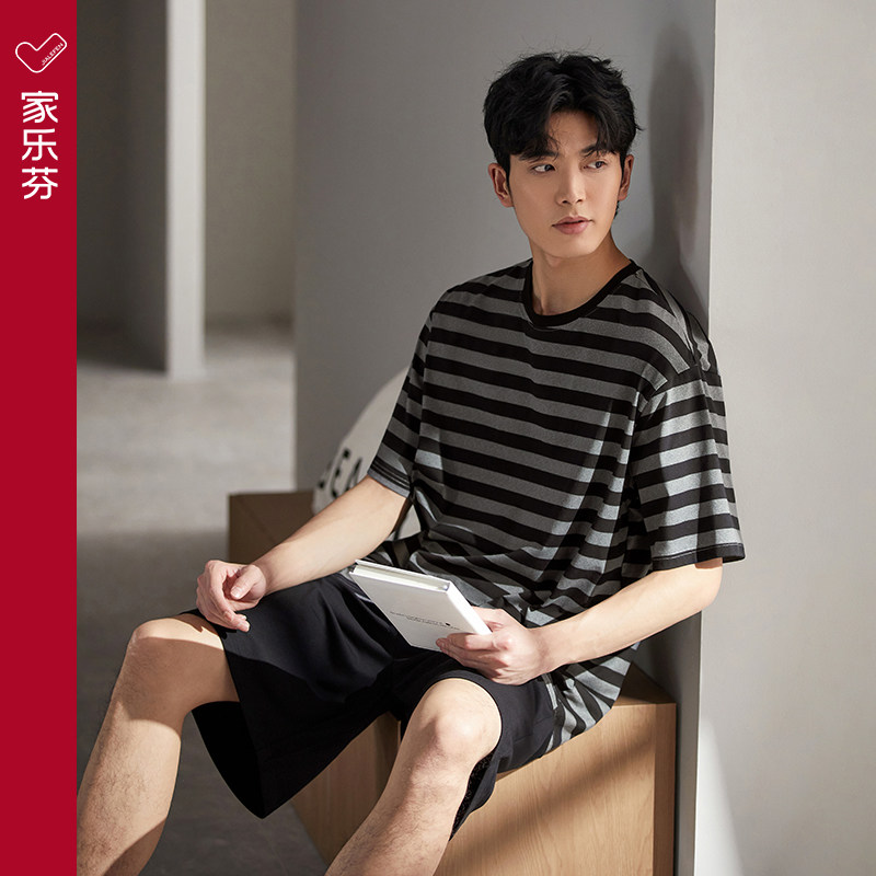 睡衣男士夏季纯棉短袖短裤家居服夏款薄款条纹休闲可出门外穿套装,女士内衣/男士内衣/家居服,睡衣/家居服套装,淘宝优惠券,粉丝福利购,淘宝优惠卷