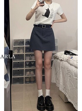 深灰色休闲短裙女高腰夏季大码胖mm遮胯显瘦梨形身材a字半身裙子