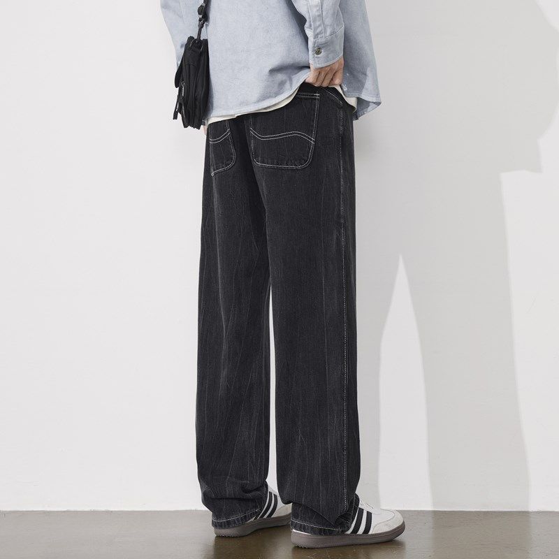 雅仓黑色牛仔裤男宽松直筒秋季新款阔腿垂感扎花百搭男士休闲裤子
