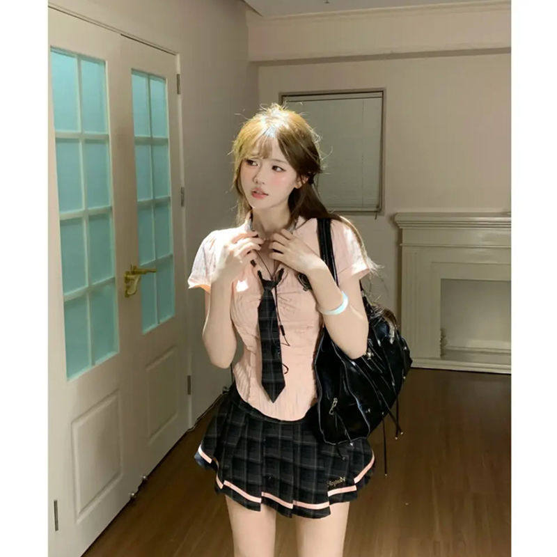 学院风POLO领木耳边衬衫套装女夏季高腰半身裙小众设计感短袖上衣