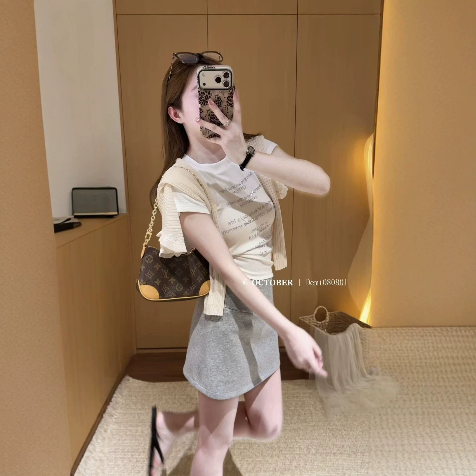 2026夏季新款韩系甜美气质简约白色英文短袖t恤灰色高腰半身裙