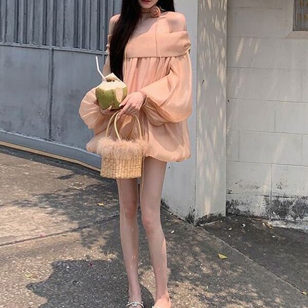夏日甜橙美式飘逸花苞一字肩连衣裙2026年夏季宽松重工气质上衣