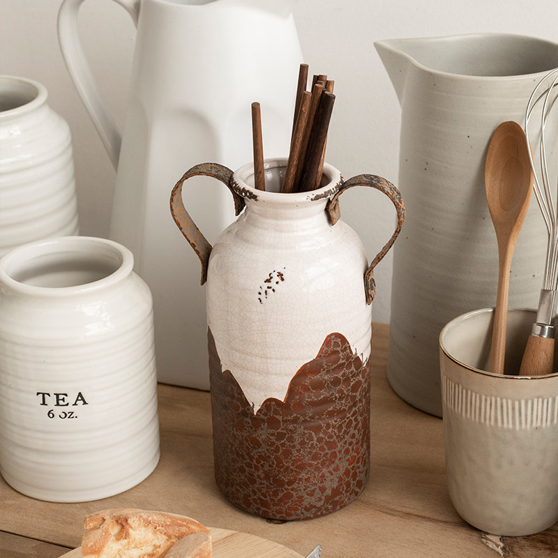 小悠家做旧双耳花瓶+铁艺复古陶瓷花器艺术装饰侘寂摆件微瑕,家居饰品,花瓶,淘宝优惠券,粉丝福利购,淘宝优惠卷