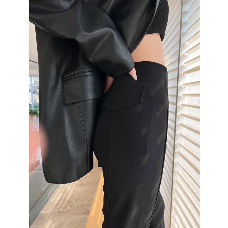 开叉黑色裤子女2024新款春秋高腰窄版休闲直筒垂感微喇西装阔腿裤