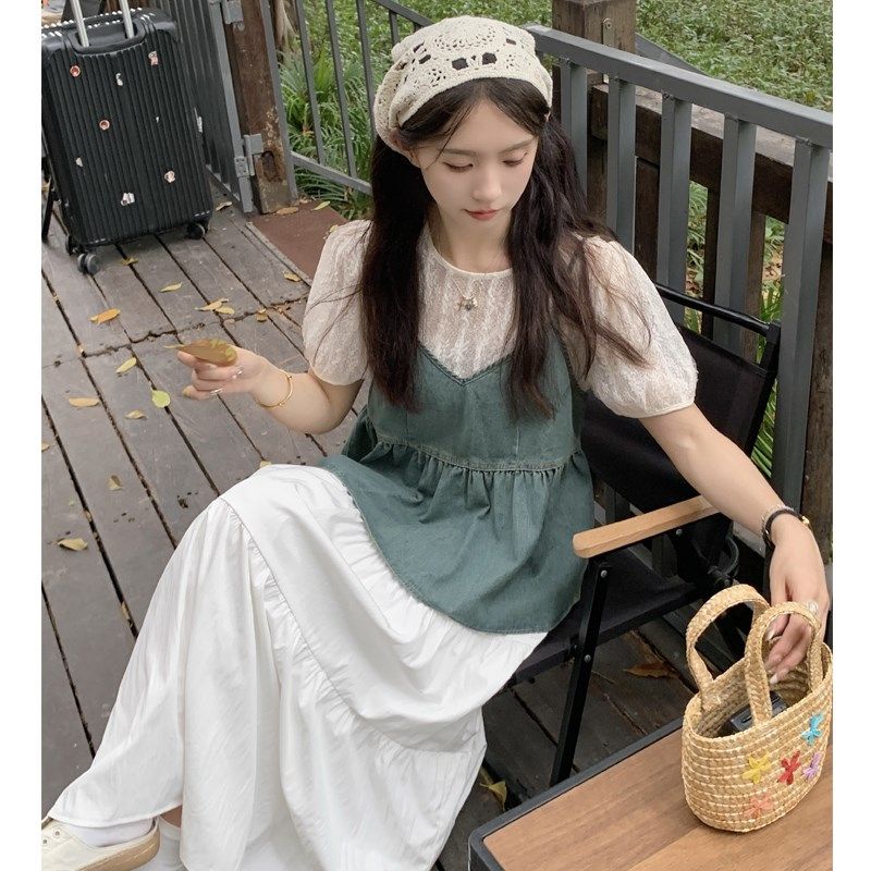 大码女装2024夏胖mm复古牛仔吊带蕾丝打底衫白色半身裙时尚三件套,女装/女士精品,大码套装,淘宝优惠券,粉丝福利购,淘宝优惠卷