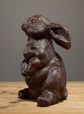黑檀木雕兔子摆件十二生肖可爱兔家居客厅酒柜装饰实木工艺品摆设