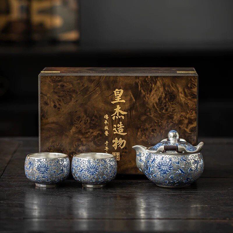 高档青花莲花鎏金银茶壶，一壶两杯，家用收藏级陶瓷手捧壶，中式
