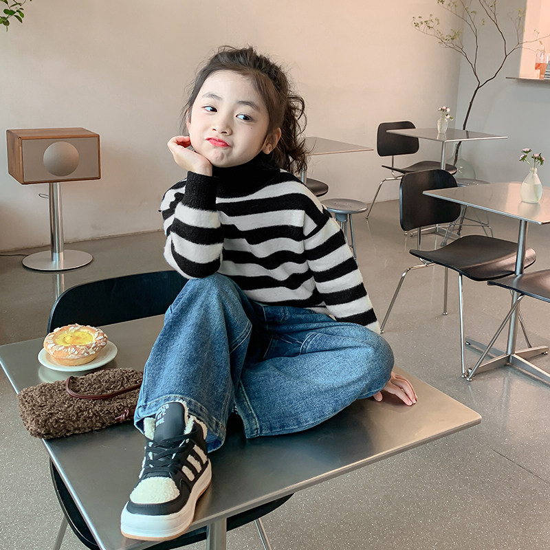 儿童毛衣2023新款女童冬装高领针织衫套头毛线衣小女孩条纹内搭衣