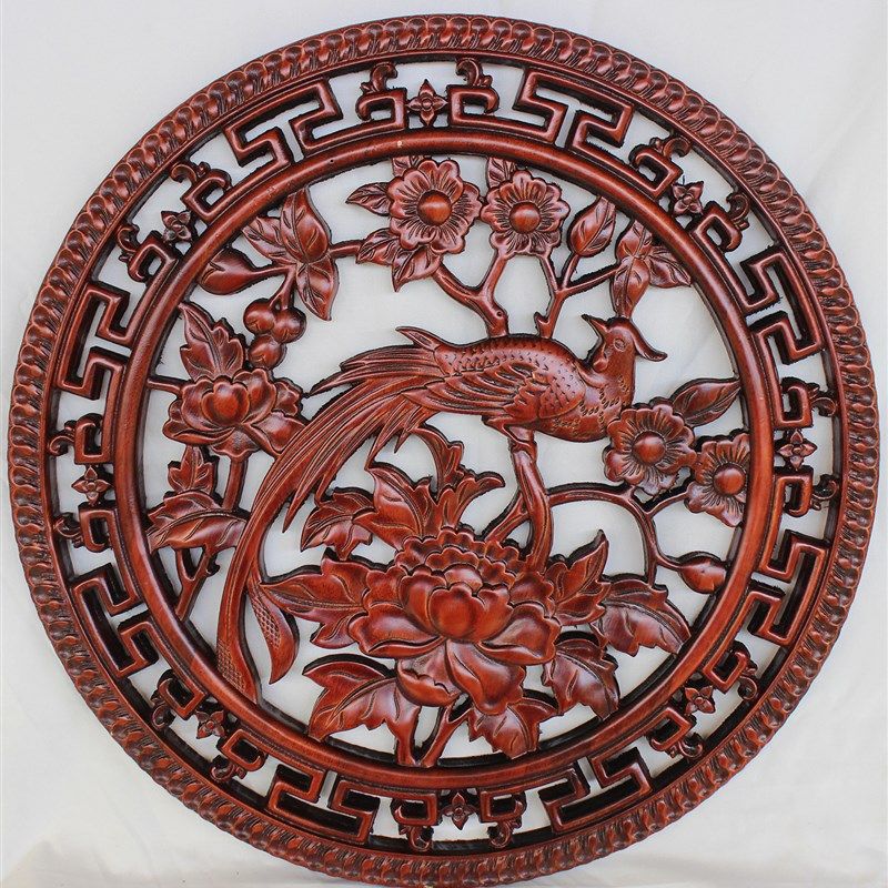 东阳木雕隔断镂空雕花实木花格装饰画圆形福字麒麟挂件新中式仿古