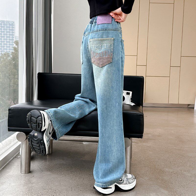 女童裤子春夏款2024新款女大童洋气窄版阔腿裤夏季儿童直筒牛仔裤