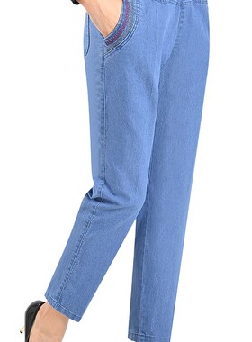 春夏薄款高腰宽松女中老年牛仔九分裤直筒显瘦浅色弹力大码9分裤