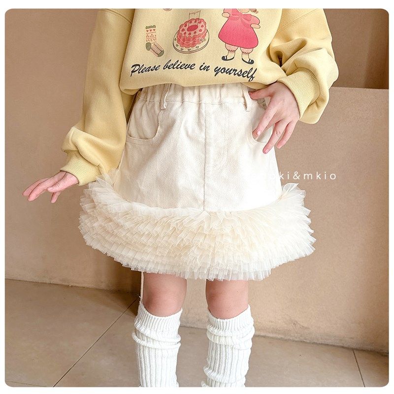 女童软萌网纱拼接灯芯绒半身裙儿童蛋糕短裙宝宝蓬蓬裙子春秋冬装