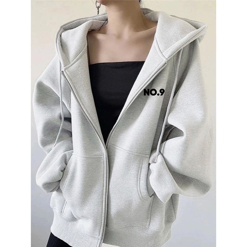 黑色连帽加绒卫衣宽松拉链开衫外套女秋冬款大码女装加厚休闲上衣