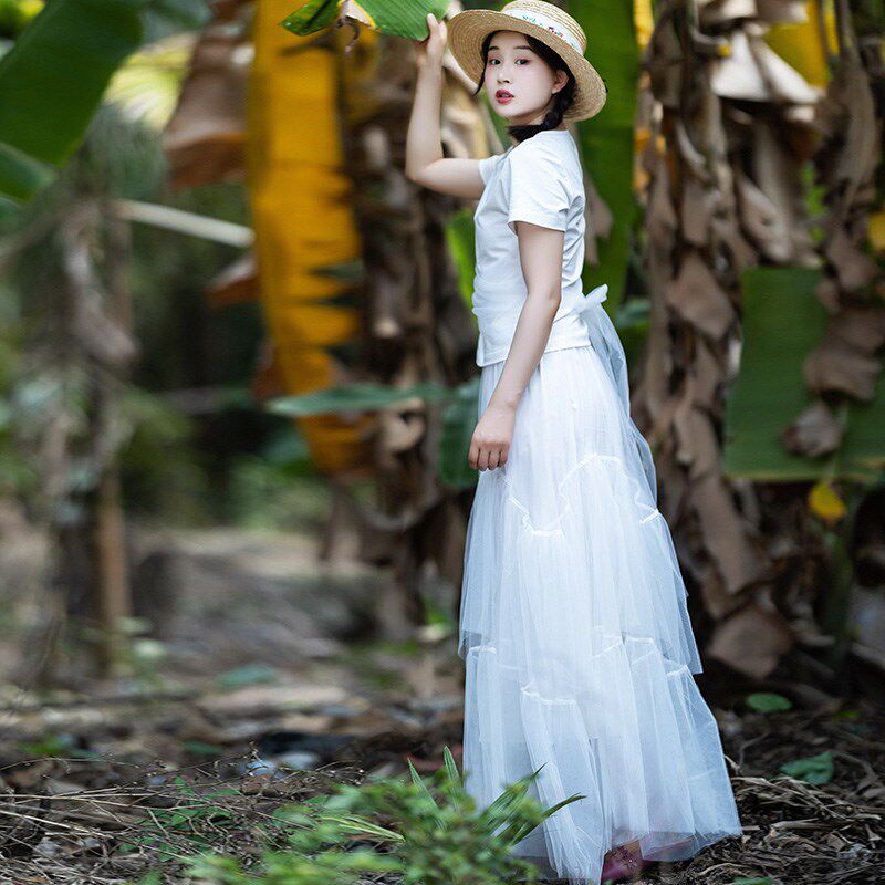 【99元区】网纱白色半身裙女长款春秋季新款高腰气质大裙摆纱裙子