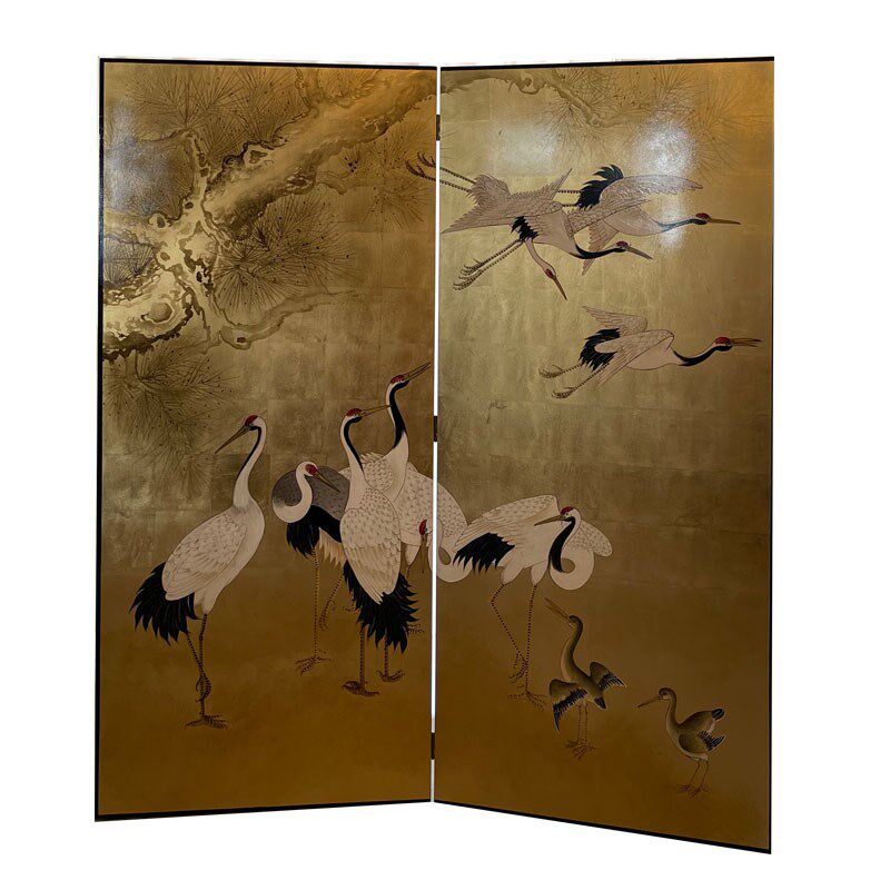 日式手绘金箔漆画屏风仙鹤手绘屏风客厅茶间办公室隔断可移动