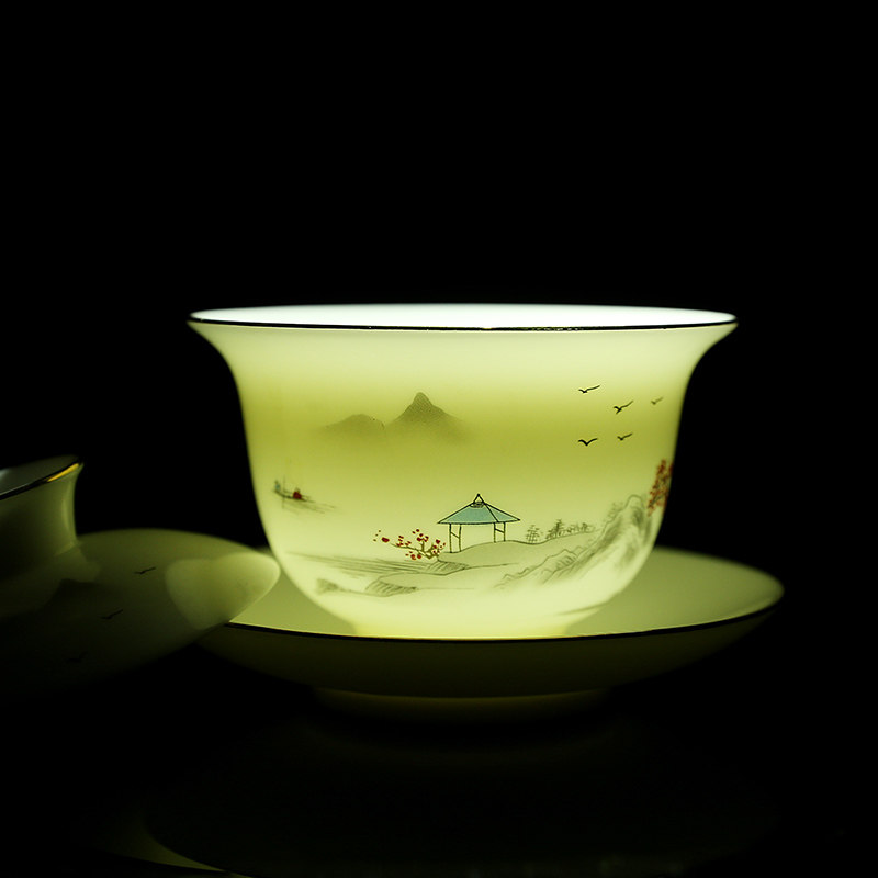 羊脂玉陶瓷家用功夫茶具整套描金三才碗茶杯精美礼品套装LOGO定制