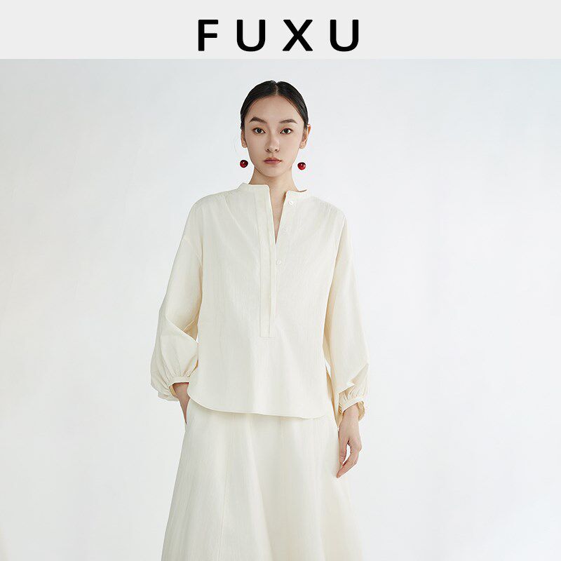 芙蕖FUXU 设计感圆领上衣小衫宽松显瘦灯笼袖衬衫半身A字长裙套装