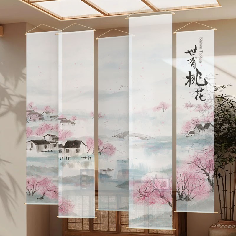 山水风景纱幔定制新中式茶室古风装饰网红户外氛围感半透纱挂布幔