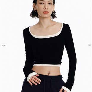 asomesome美式修身方领白色短款打底衫长袖女秋冬低领内搭上衣