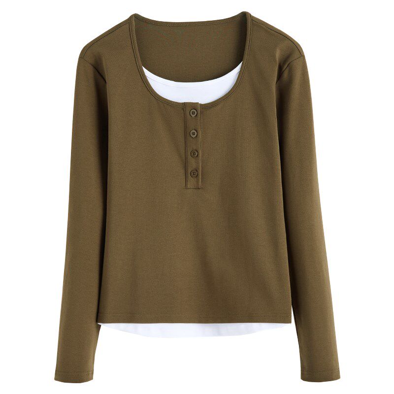 纯棉假两件长袖t恤女2024新款早秋冬撞色内搭打底衫修身外穿上衣