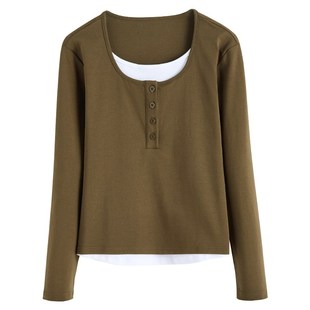 纯棉假两件长袖t恤女2024新款早秋冬撞色内搭打底衫修身外穿上衣