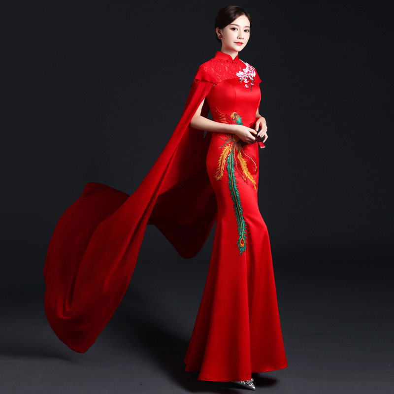 中国风晚礼服2021高贵气质长款鱼尾修身公司年会演出服披风敬酒服