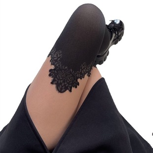 复古气质花朵拼接显瘦美腿裤袜 古著丝袜上肤下黑假过膝高筒袜