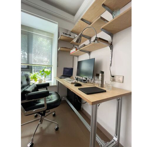 实木铝型材桌家用卧室靠墙写字书桌壁挂书架台式电脑办公桌工作台