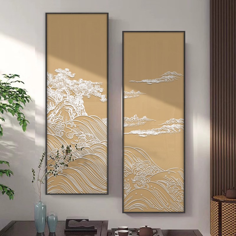 新中式高档客厅沙发背景墙立体喷绘壁画入户玄关抽象山水装饰挂画