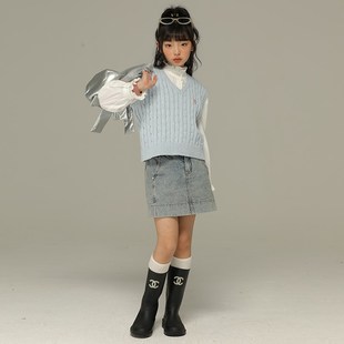 小女森女童春秋复古休闲牛仔外套中大童宽松水洗短款舒适长袖上衣