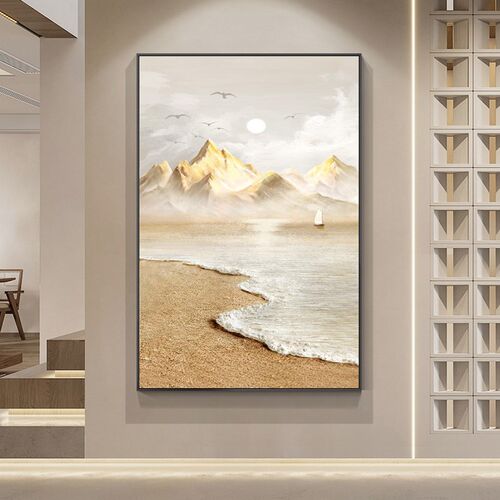 海岸日出玄关装饰画海边海浪油画客厅沙发背景墙面挂画奶油风壁画