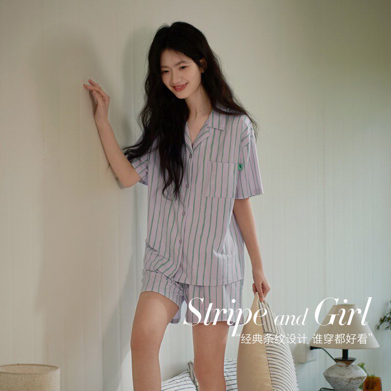 思莉太太睡衣女夏款纯棉短袖短裤条纹凉感型薄款夏季小个子家居服