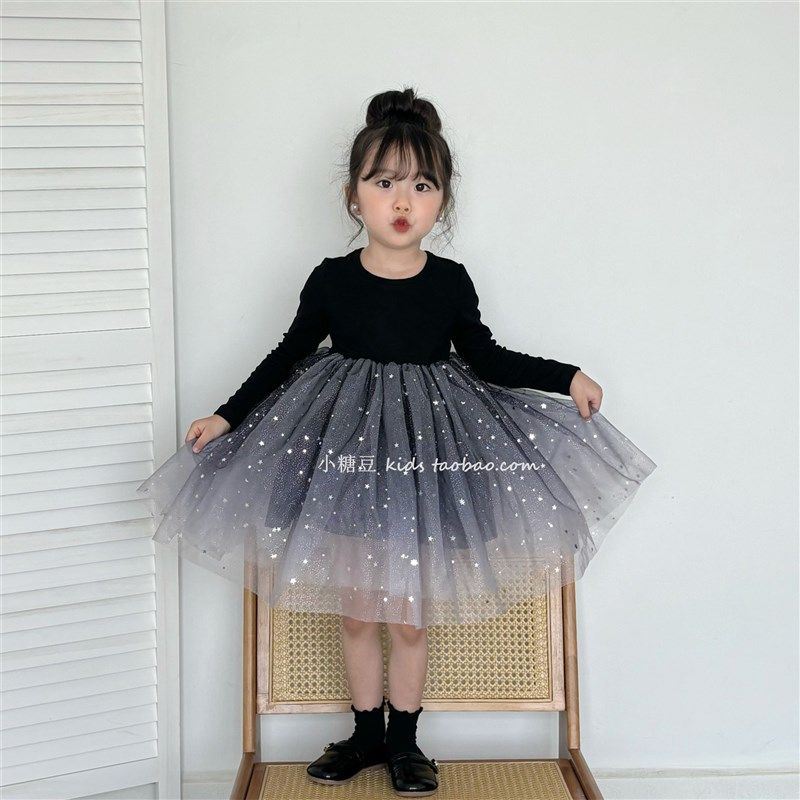 女童闪闪亮片网纱连衣裙2024秋季新款女孩长袖生日礼服裙公主裙子