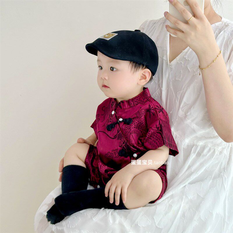 男婴儿衣服宝宝夏装连体中式满月百日宴周岁礼服抓周夏季洋气端午