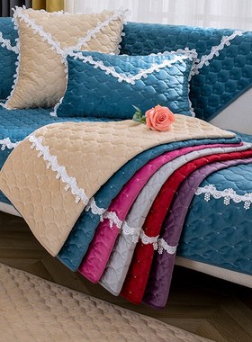 紫色四季简约布艺皮沙发垫冬季毛绒防滑坐垫全包通用沙发套罩盖巾