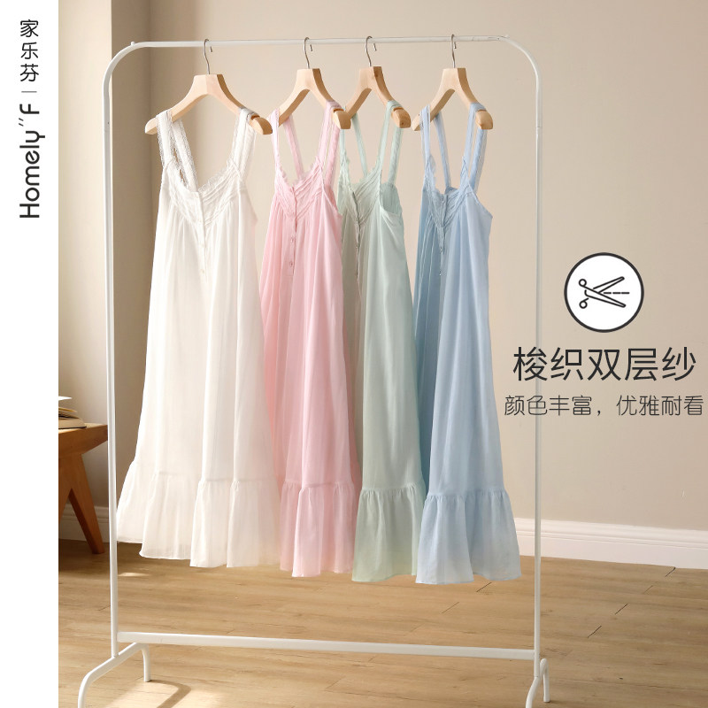 梭织棉纱布睡裙女士睡衣夏季夏天纯棉吊带背心无袖全棉薄款加大码