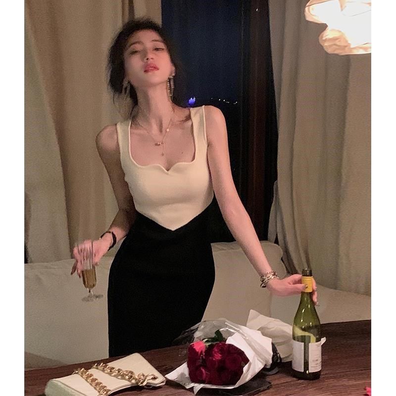 法式复古撞色拼接V领针织连衣裙女装秋冬气质修身打底包臀吊带裙,女装/女士精品,连衣裙,淘宝优惠券,粉丝福利购,淘宝优惠卷