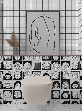 浴室防水贴纸卫生间墙贴黑白动漫墙纸漫画头像壁纸卡通瓷砖贴自粘
