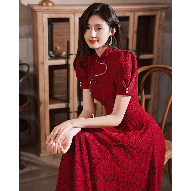 改良旗袍敬酒服新娘酒红色高级感订婚中式小礼服裙女结婚气质夏季