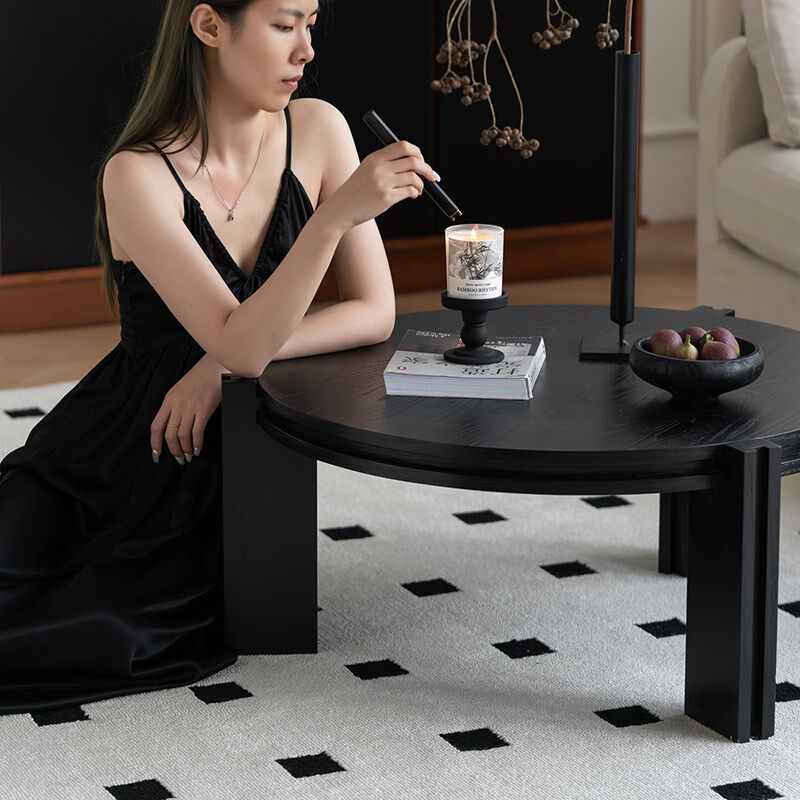 homechoice法式复古实木茶几客厅小户型茶桌圆形中古风黑色小桌子