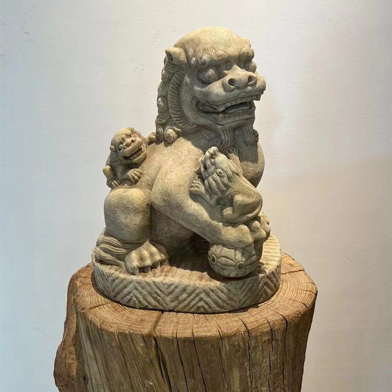 汉白玉清代石狮子子母狮 老物件 茶空间侘寂石雕庭院阳台户外摆件