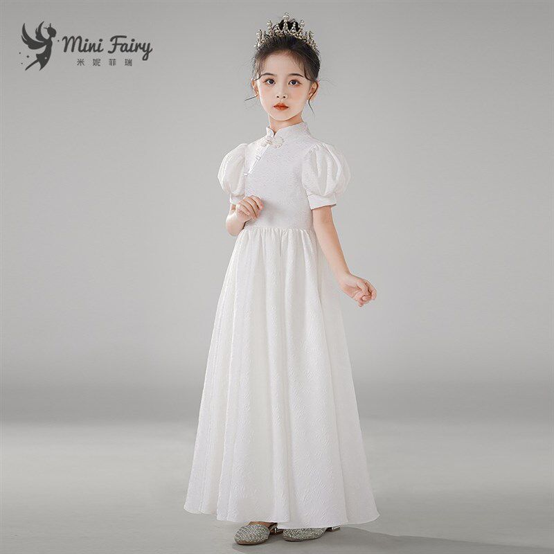新款圣诞白色钢琴演出服元旦中国风诗朗诵主持人比赛女童立领礼服