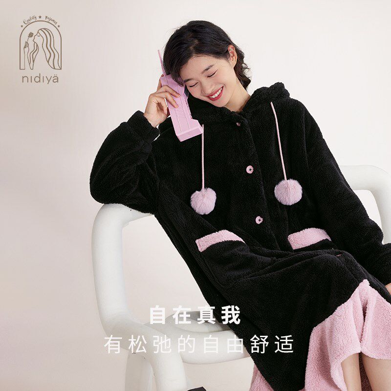 妮狄娅睡衣睡袍女秋冬季加厚保暖珊瑚绒连帽中长款休闲浴袍家居服
