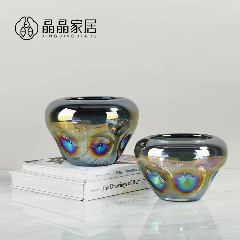 简约复古怀旧电镀银灰色玻璃插绣球花瓶酒窝凹凸小号茶几桌面摆件