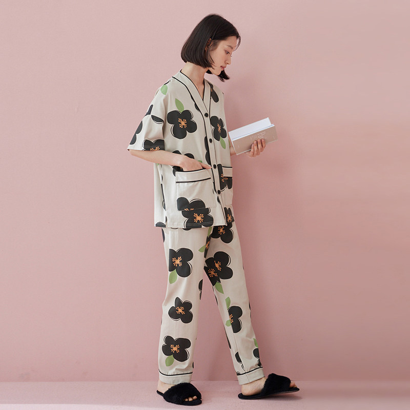 女款睡衣夏季夏天纯棉短袖长裤甜美开衫宽松大码家居服高级感套装,女士内衣/男士内衣/家居服,睡衣/家居服套装,淘宝优惠券,粉丝福利购,淘宝优惠卷