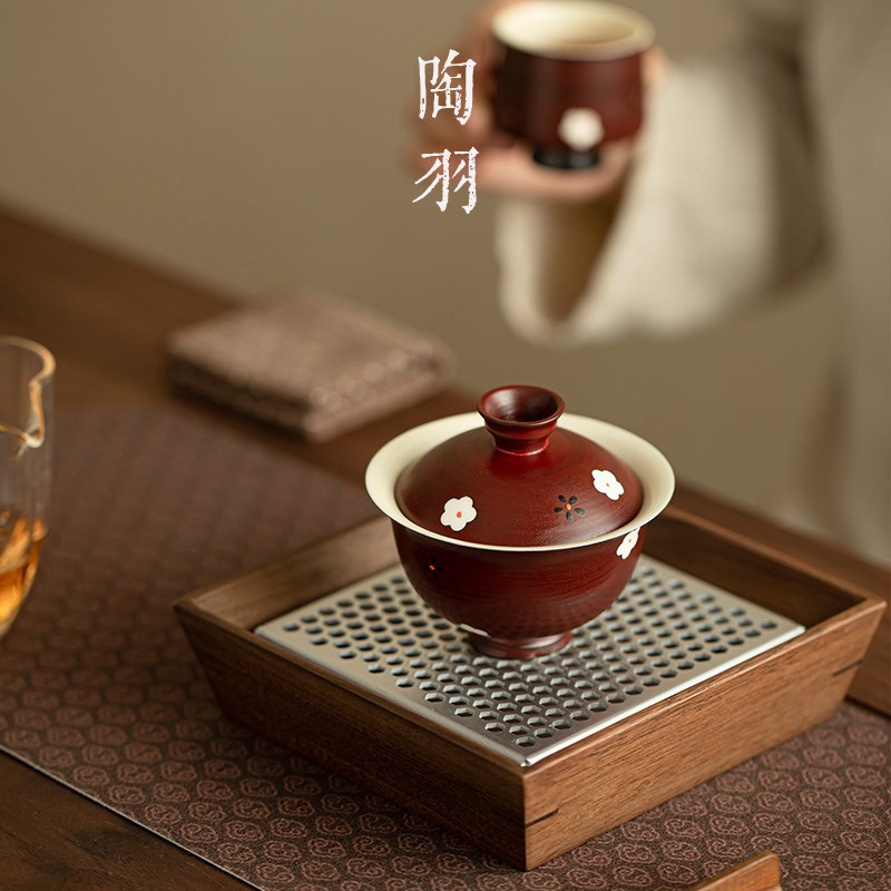 粉引山楂红手绘元宝二才盖碗陶瓷功夫茶具家用单个高档泡茶碗茶器