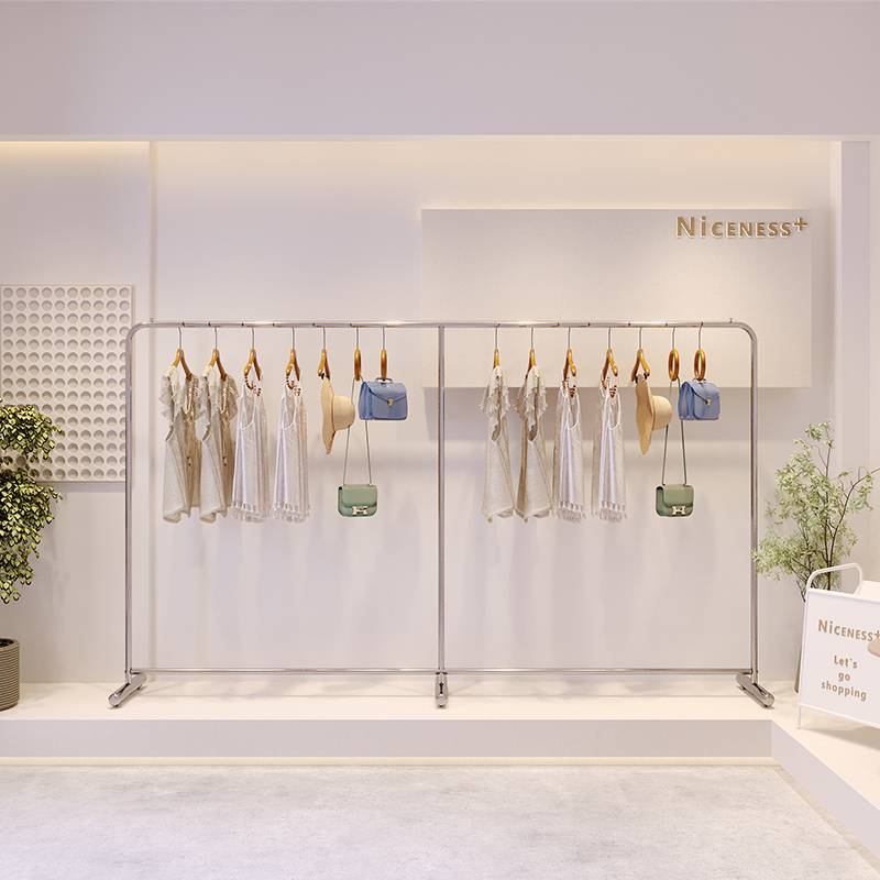服装店网红挂衣架不锈钢拉丝银货架落地式挂衣杆服装展示陈列架子